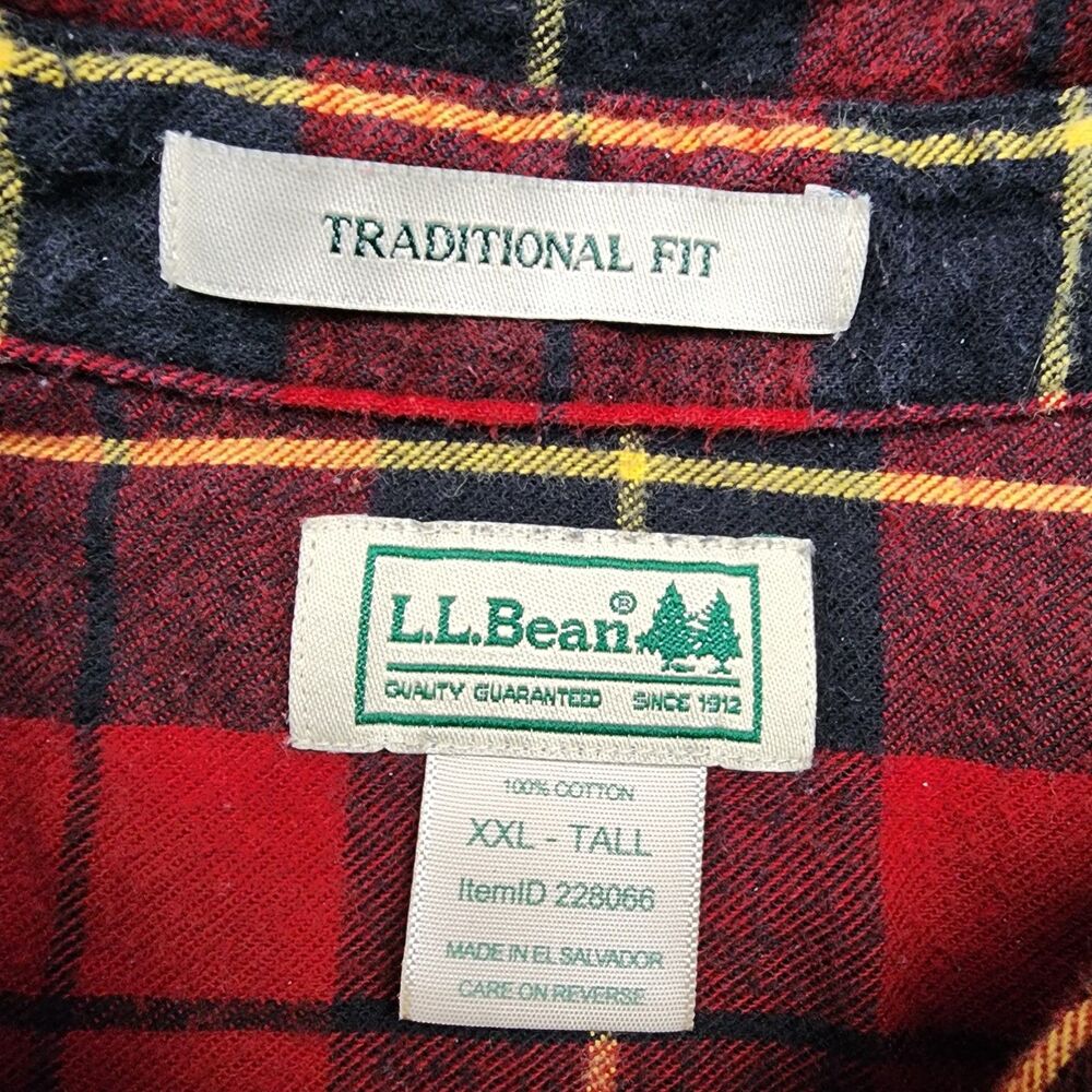 L.L. Bean Men’s XXL Red Black Plaid Flannel Button Up Traditional Fit Cotton - Picture 3 of 7
